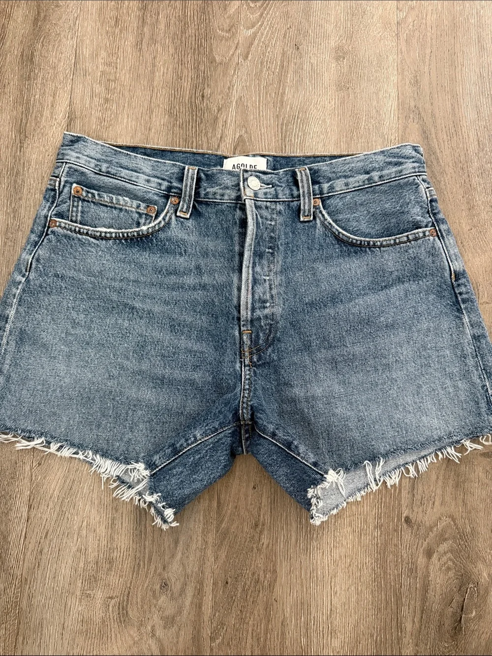 Agolde Vintage Parker Long Frayed Hem Denim Shorts
